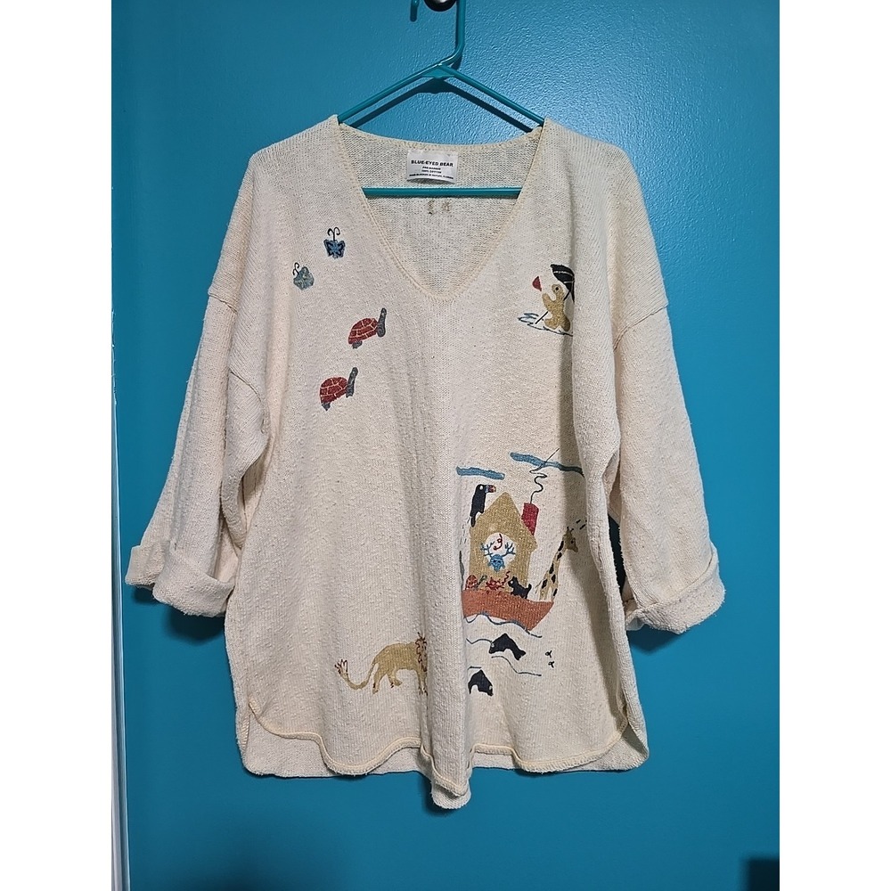 VTG Blue-Eyed Bear L Hand Block Painted V Neck Noah's Ark Sweater Cotton Florida
